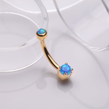 Detail View 1 of Golden Pristine Fire Opal Sparkles Internally Threaded Curved Barbell-Blue Opal